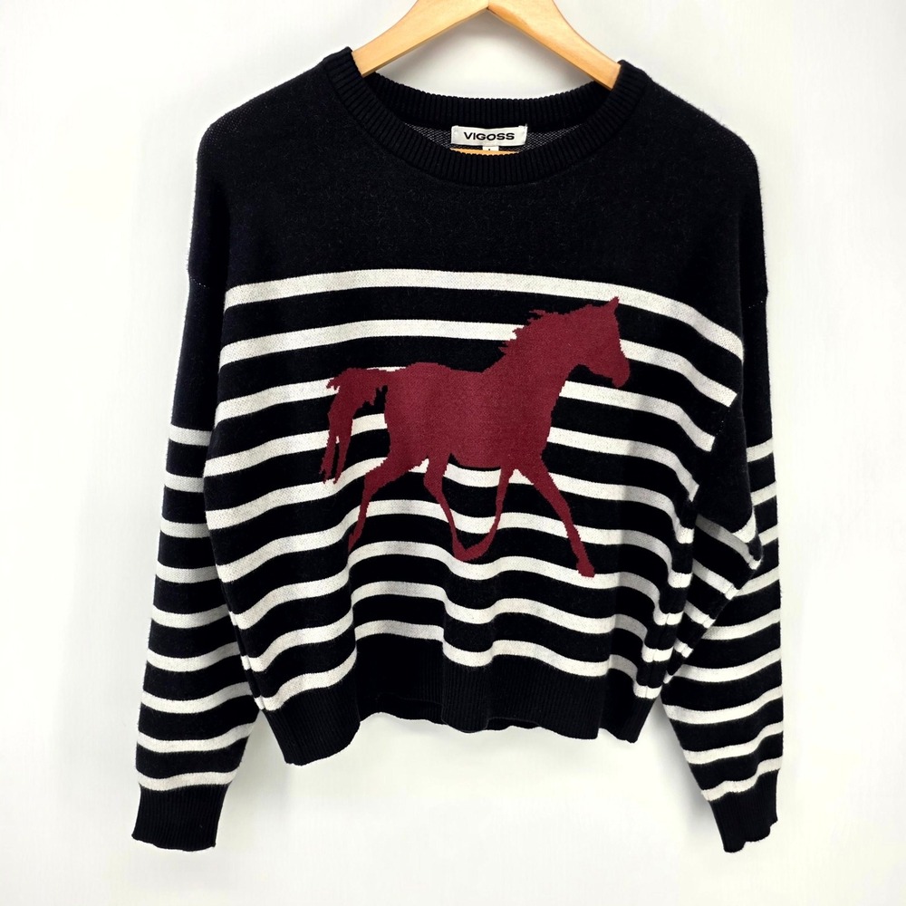 Vigoss Sweater Women L Black White Striped Burgundy Horse Intarsia Knit Pullover